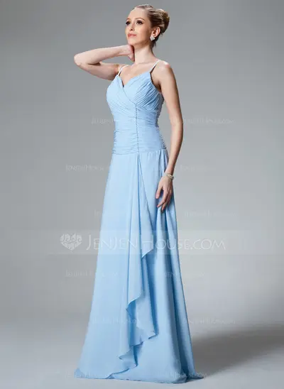 A-Line/Princess V-neck Floor-Length Chiffon Bridesmaid Dress With Ruffle Beading (007001116)