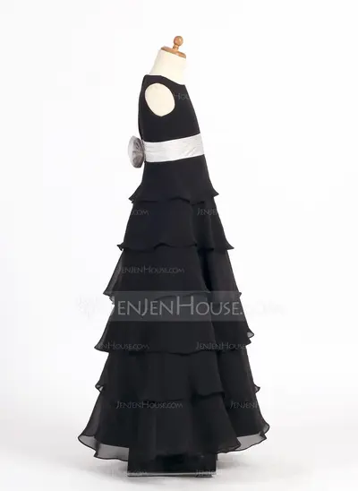 A-Line/Princess Scoop Neck Floor-Length Chiffon Charmeuse Flower Girl Dress With Sash Flower(s) (010002146)