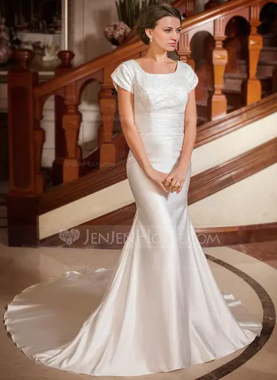 Mermaid Square Neckline Chapel Train Satin Wedding Dress With Ruffle Lace Beadwork (002001668)