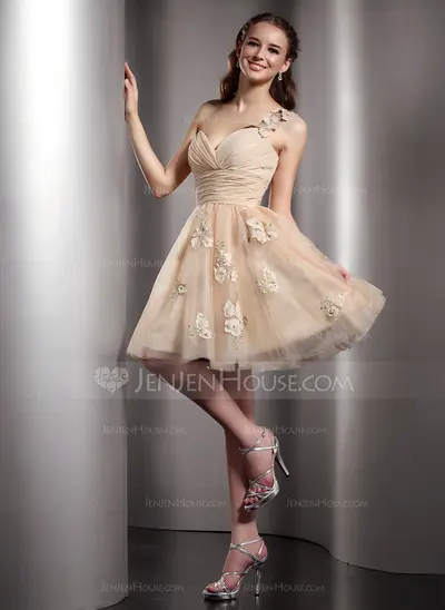 A-Line/Princess One-Shoulder Knee-Length Chiffon Tulle Homecoming Dress With Ruffle Beading Flower(s) (022020672)