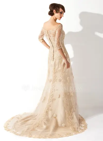 Sheath/Column Off-the-Shoulder Court Train Satin Tulle Wedding Dress With Lace (002011393)