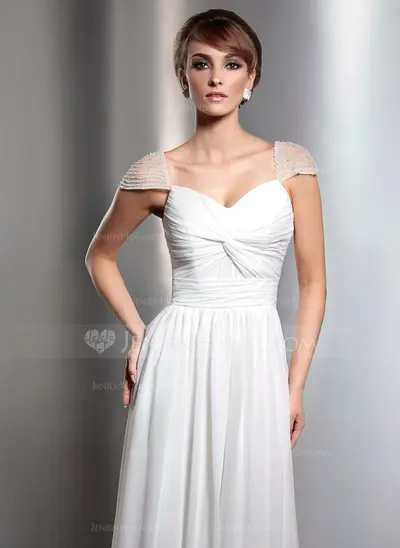 A-Line/Princess V-neck Watteau Train Chiffon Evening Dress With Ruffle Beading (017005601)