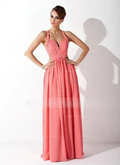A-Line/Princess Halter Floor-Length Chiffon Prom Dress With Ruffle Beading (018020794)