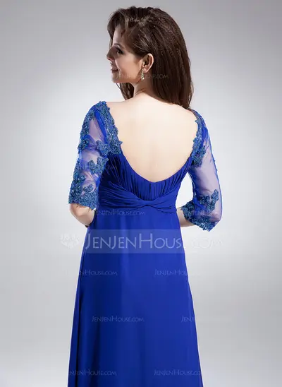 A-Line/Princess V-neck Floor-Length Chiffon Tulle Mother of the Bride Dress With Ruffle Lace Beading (008006046)