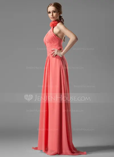 A-Line/Princess Halter Sweep Train Chiffon Bridesmaid Dress With Ruffle Flower(s) (007004138)