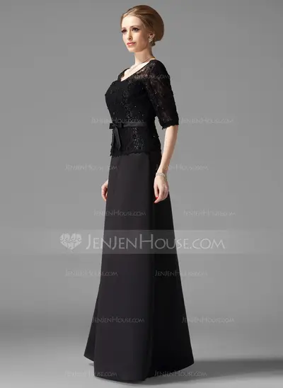 A-Line/Princess V-neck Floor-Length Satin Mother of the Bride Dress With Lace Beading (008002216)