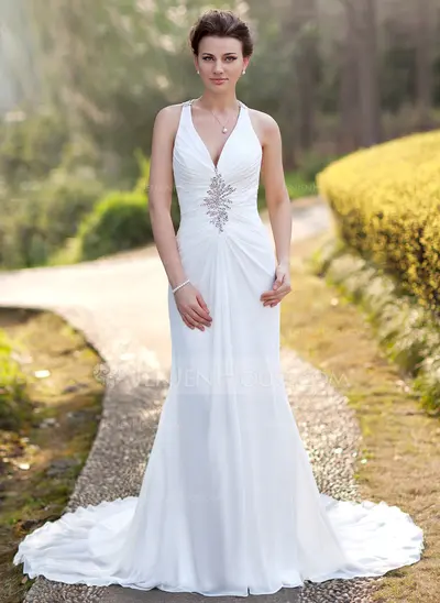 Sheath/Column V-neck Chapel Train Chiffon Wedding Dress With Ruffle Beadwork Sequins (002005012)