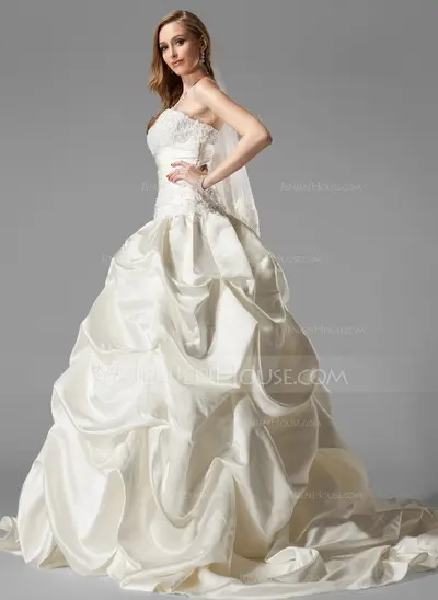De baile Coração Cauda corte Cetim Vestidos de noiva com Pregueado Renda (002000451)