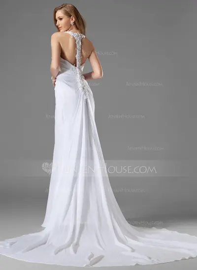 Sheath/Column Halter Court Train Chiffon Wedding Dress With Ruffle Beadwork (002000442)