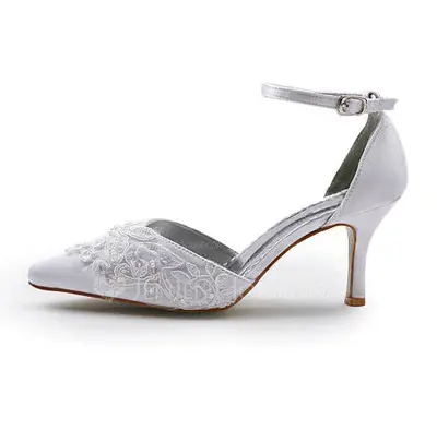 Lace Satin Stiletto Heel Closed Toe Pumps Wedding Shoes With Buckle Stitching Lace (047005036)