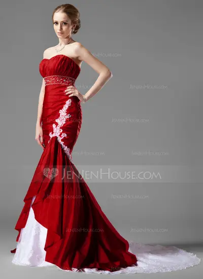 Mermaid Sweetheart Chapel Train Taffeta Lace Wedding Dress With Ruffle Beadwork (002000478)