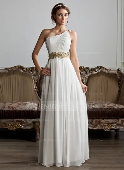A-Line/Princess One-Shoulder Floor-Length Chiffon Prom Dress With Ruffle Beading (018020706)