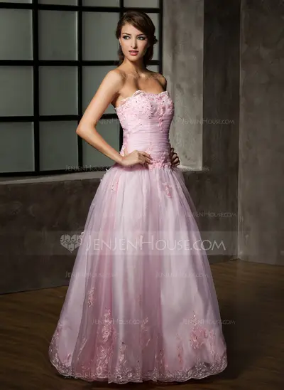 A-Line/Princess Strapless Floor-Length Organza Quinceanera Dress With Ruffle Lace Beading (021002858)