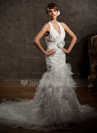 Mermaid Halter Chapel Train Organza Wedding Dress With Ruffle Beadwork Flower(s) (002012775)