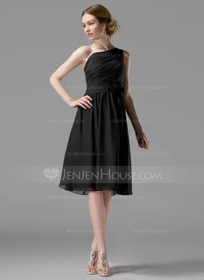 A-Lijn/Prinses Een-Schouder Knielengte Chiffon Bruidsmeisjes Jurk met Roes Bloem(En) (007004118)