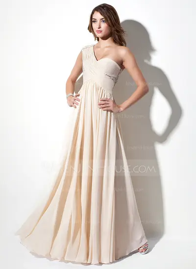A-Line/Princess One-Shoulder Floor-Length Chiffon Lace Holiday Dress With Ruffle Beading (020016076)