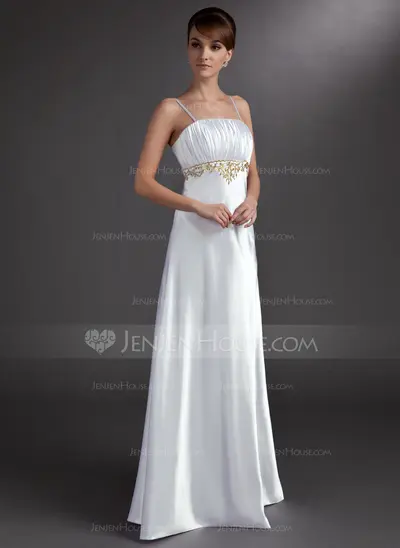 Empire Square Necklin Floor-Length Charmeuse Evening Dress With Embroidered Ruffle Beading (017002605)
