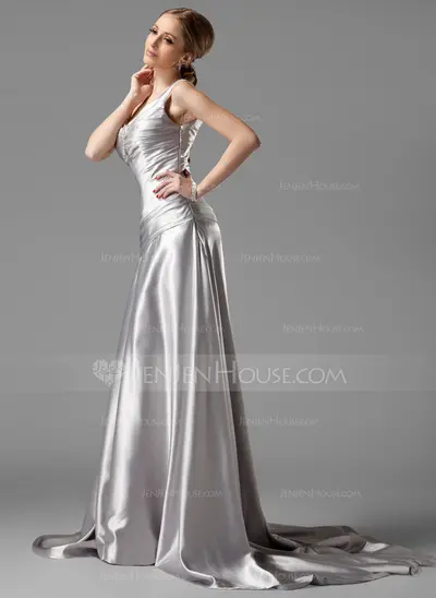 A-Line/Princess V-neck Court Train Charmeuse Evening Dress With Ruffle Crystal Brooch (017004173)