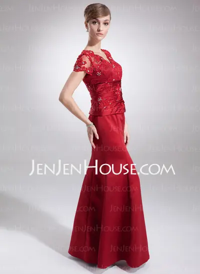 Mermaid V-neck Floor-Length Satin Mother of the Bride Dress With Lace Beading (008005754)