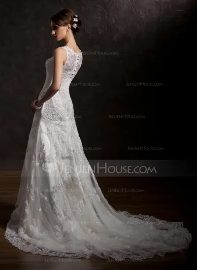 Mermaid Scoop Neck Chapel Train Satin Lace Wedding Dress With Lace Beadwork (002004770)