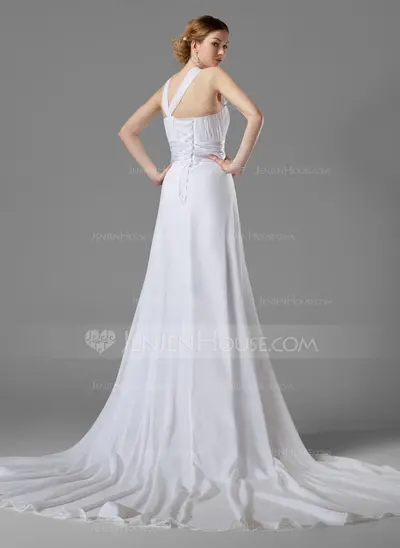 Empire One-Shoulder Chapel Train Chiffon Charmeuse Wedding Dress With Ruffle Flower(s) (002000447)