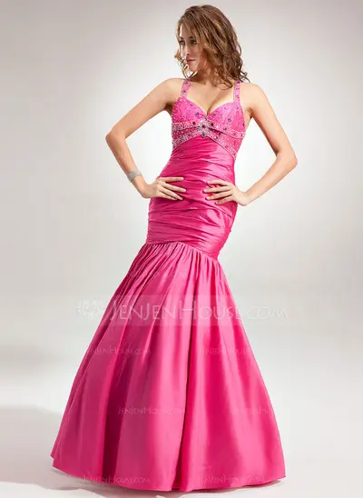Mermaid Halter Floor-Length Taffeta Prom Dress With Ruffle Beading (018002521)
