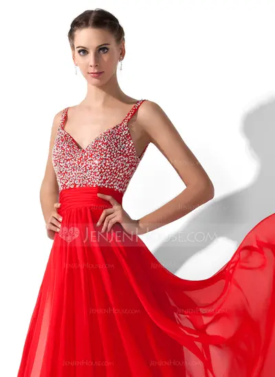 A-Line/Princess V-neck Floor-Length Chiffon Prom Dress With Ruffle Beading Sequins (018005105)