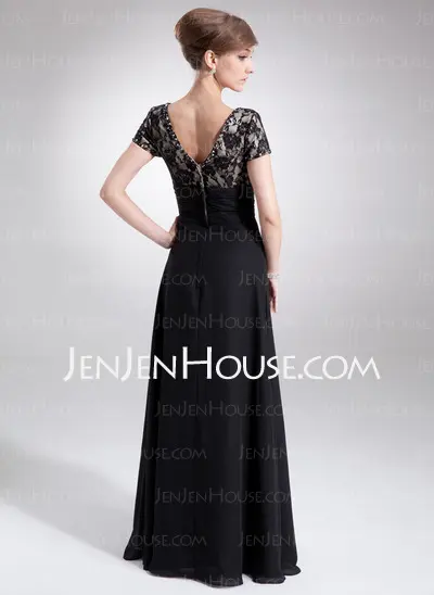 A-Line/Princess V-neck Floor-Length Chiffon Charmeuse Lace Mother of the Bride Dress With Ruffle Beading (008005673)