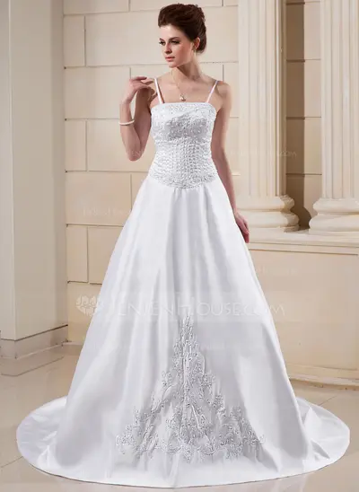 A-Line/Princess Court Train Satin Wedding Dress With Embroidery Beadwork (002006372)
