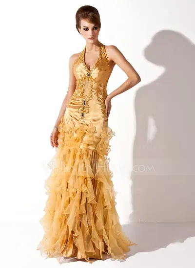 Mermaid Halter Floor-Length Organza Charmeuse Prom Dress With Ruffle Beading (018005067)