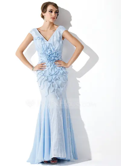 Havfrue V-hals Gulv lengde Chiffon Palliet-belagt Ballkjole med Profilering Blomst(er) (018024292)