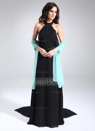 A-Line/Princess Halter Watteau Train Chiffon Charmeuse Mother of the Bride Dress With Ruffle (028005027)