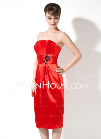 Sheath Strapless Knee-Length Charmeuse Desperate Housewives Style Dresses With Ruffle Beading (025003969)