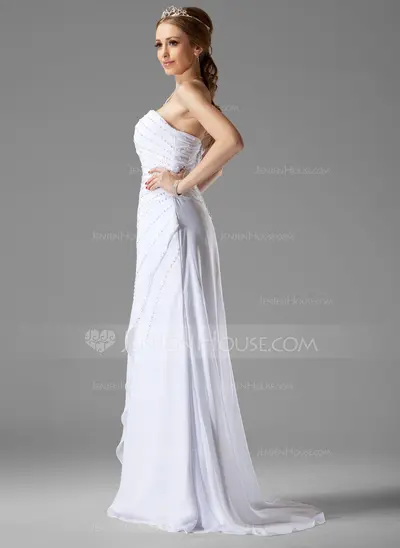 A-Line/Princess Strapless Court Train Chiffon Wedding Dress With Ruffle Beadwork (002000502)