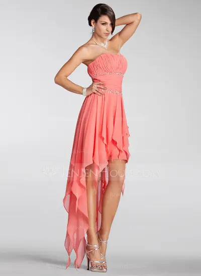 A-Line/Princess Strapless Asymmetrical Chiffon Holiday Dress With Ruffle Beading (020005298)