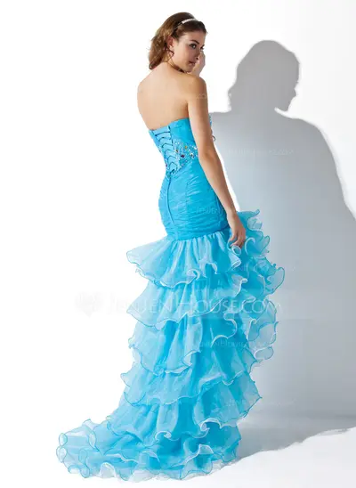 Mermaid Sweetheart Asymmetrical Organza Satin Prom Dress With Ruffle Beading (018005086)