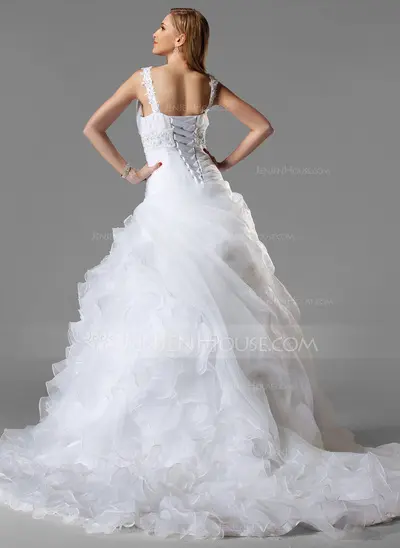 Ball-Gown V-neck Chapel Train Organza Satin Wedding Dress With Ruffle Lace Beadwork Sequins (002004781)