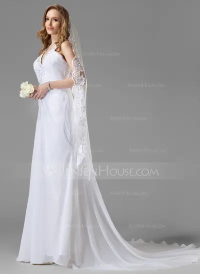Sheath/Column Halter Court Train Chiffon Wedding Dress With Ruffle Beadwork (002000442)