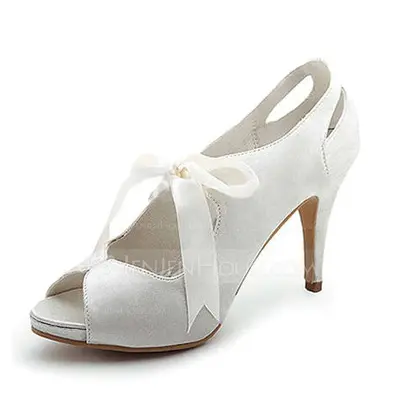 Satin Stiletto Heel Peep Toe Platform Pumps Wedding Shoes With Ribbon Tie (047005035)