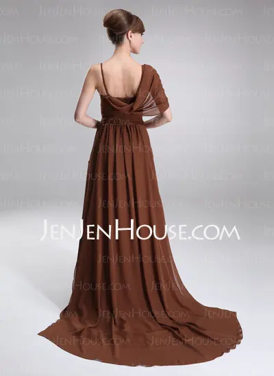 A-Line/Princess Scoop Neck Chapel Train Chiffon Charmeuse Oscar Style Dresses With Ruffle (028005025)