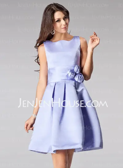 A-Line/Princess Square Neckline Short/Mini Satin Bridesmaid Dress With Flower(s) (007005200)