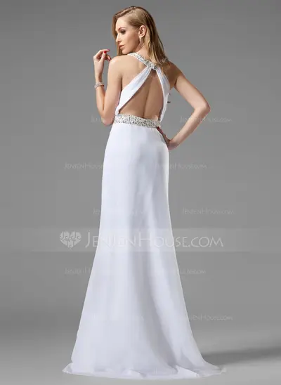 A-Line/Princess Scoop Neck Sweep Train Chiffon Prom Dress With Ruffle Beading (018004915)