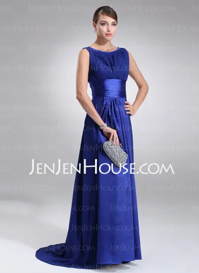 A-Line/Princess Scoop Neck Sweep Train Chiffon Charmeuse Evening Dress With Ruffle (017022545)