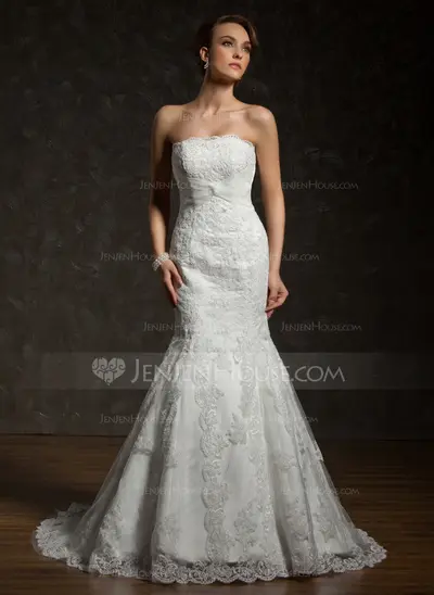 Mermaid Strapless Chapel Train Satin Tulle Wedding Dress With Lace Beadwork (002000634)