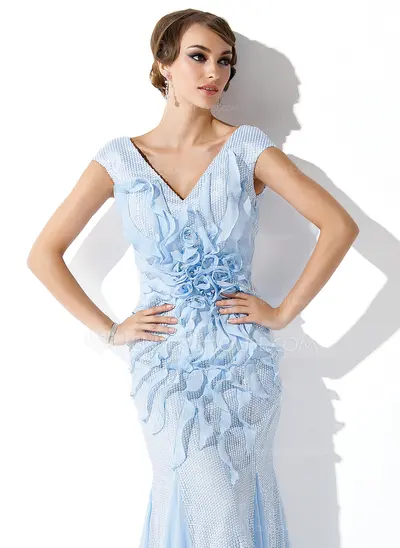 Havfrue V-hals Gulv lengde Chiffon Palliet-belagt Ballkjole med Profilering Blomst(er) (018024292)