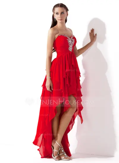 A-Line/Princess Sweetheart Asymmetrical Chiffon Prom Dress With Ruffle Beading (018004808)