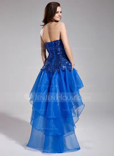 A-Line/Princess Sweetheart Asymmetrical Organza Sequined Prom Dress With Beading (018018891)