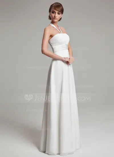 Keizer Halter Vloerlengte Chiffon Satijnzijde Bruidsjurken met Roes (002011992)