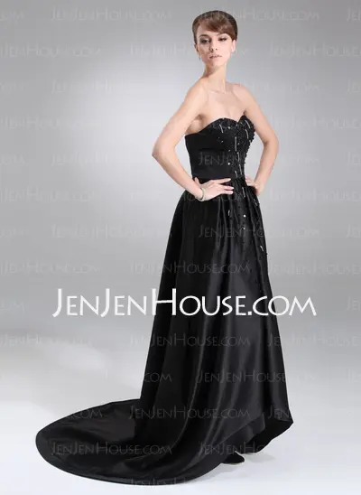 A-Line/Princess Sweetheart Court Train Satin Evening Dress With Beading (017020656)