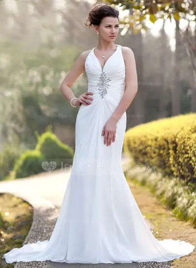 Sheath/Column V-neck Chapel Train Chiffon Wedding Dress With Ruffle Beadwork Sequins (002005012)